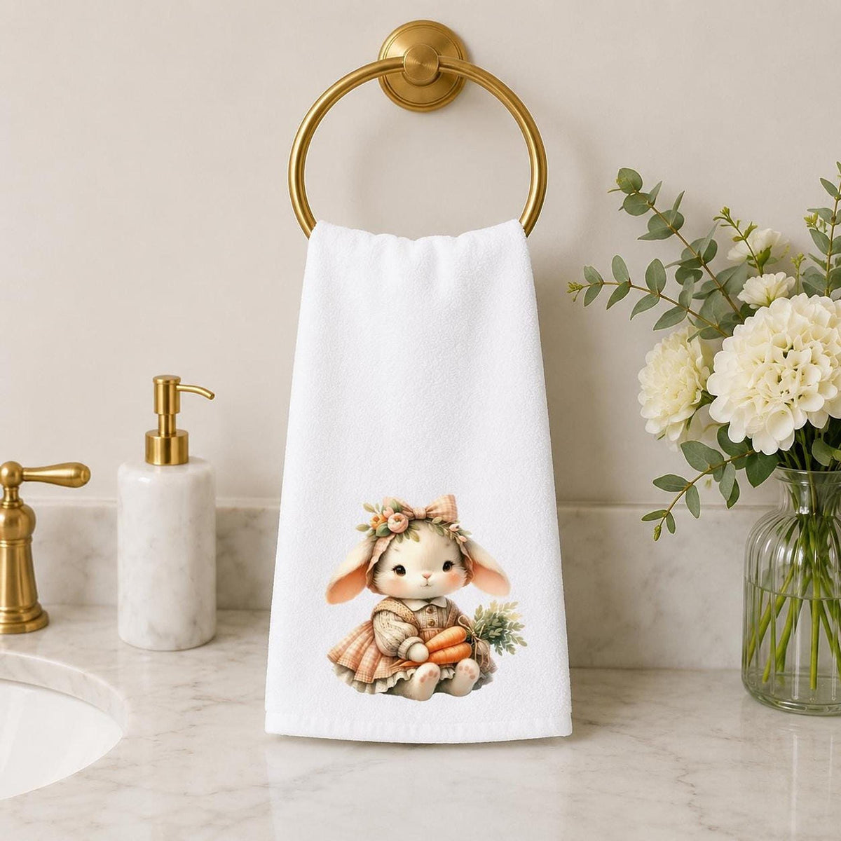 Easter Bunny Towel, Pastel Rabbit Design with Carrots, 15x25 Inches