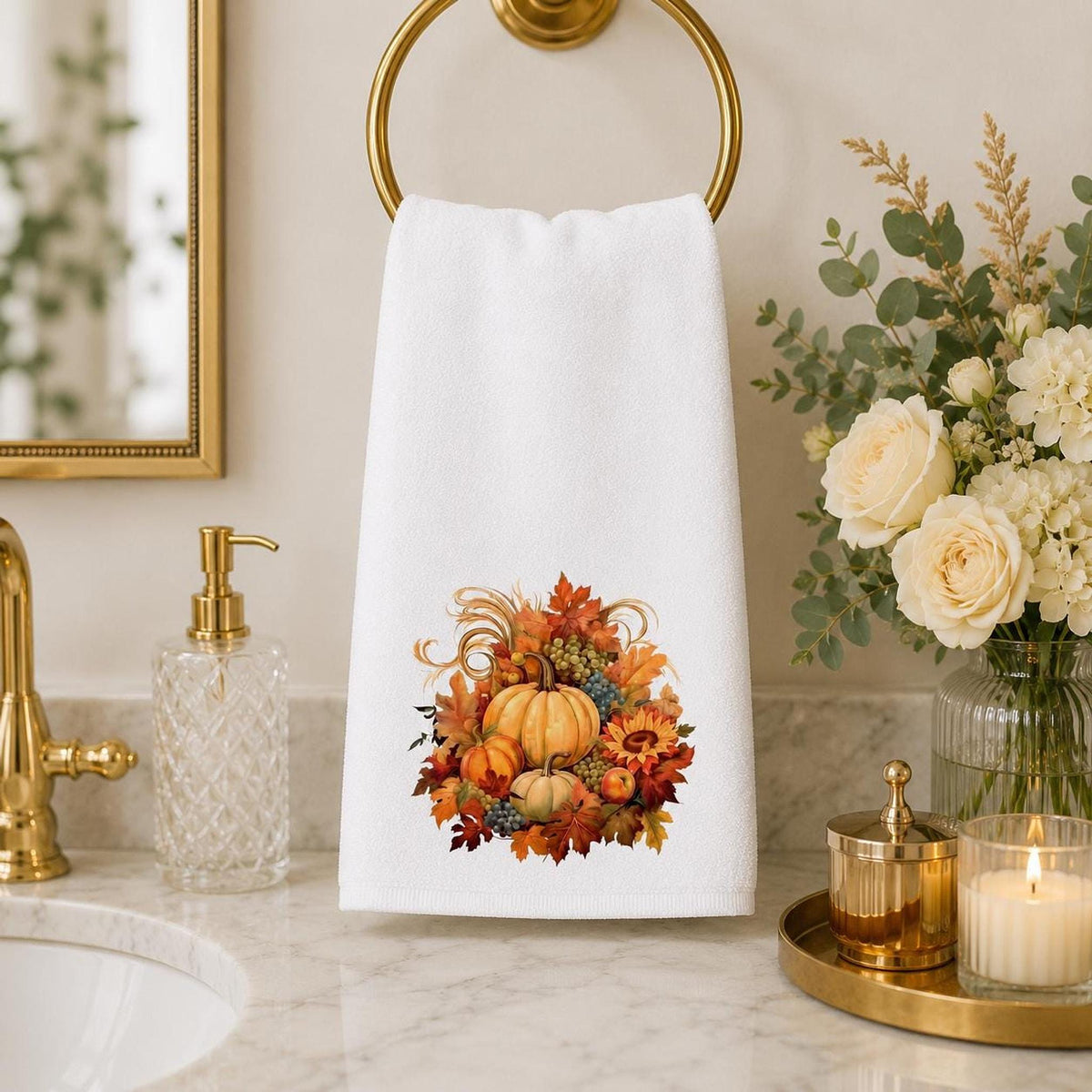 Fall Hand Towel with Pumpkin Design, Autumn Bathroom Decor in Cotton Terry