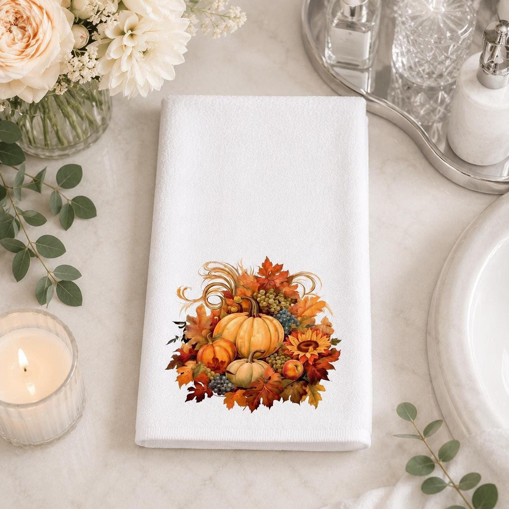 Fall Hand Towel with Pumpkin Design, Autumn Bathroom Decor in Cotton Terry