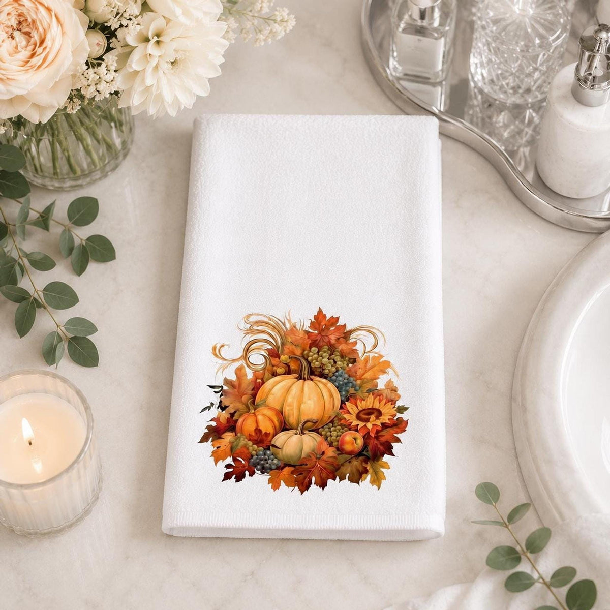 Fall Hand Towel with Pumpkin Design, Autumn Bathroom Decor in Cotton Terry