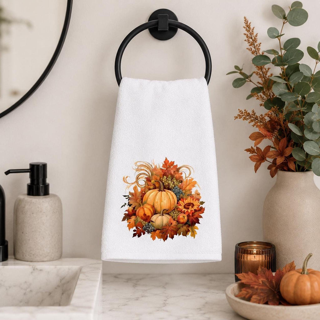 Fall Hand Towel with Pumpkin Design, Autumn Bathroom Decor in Cotton Terry