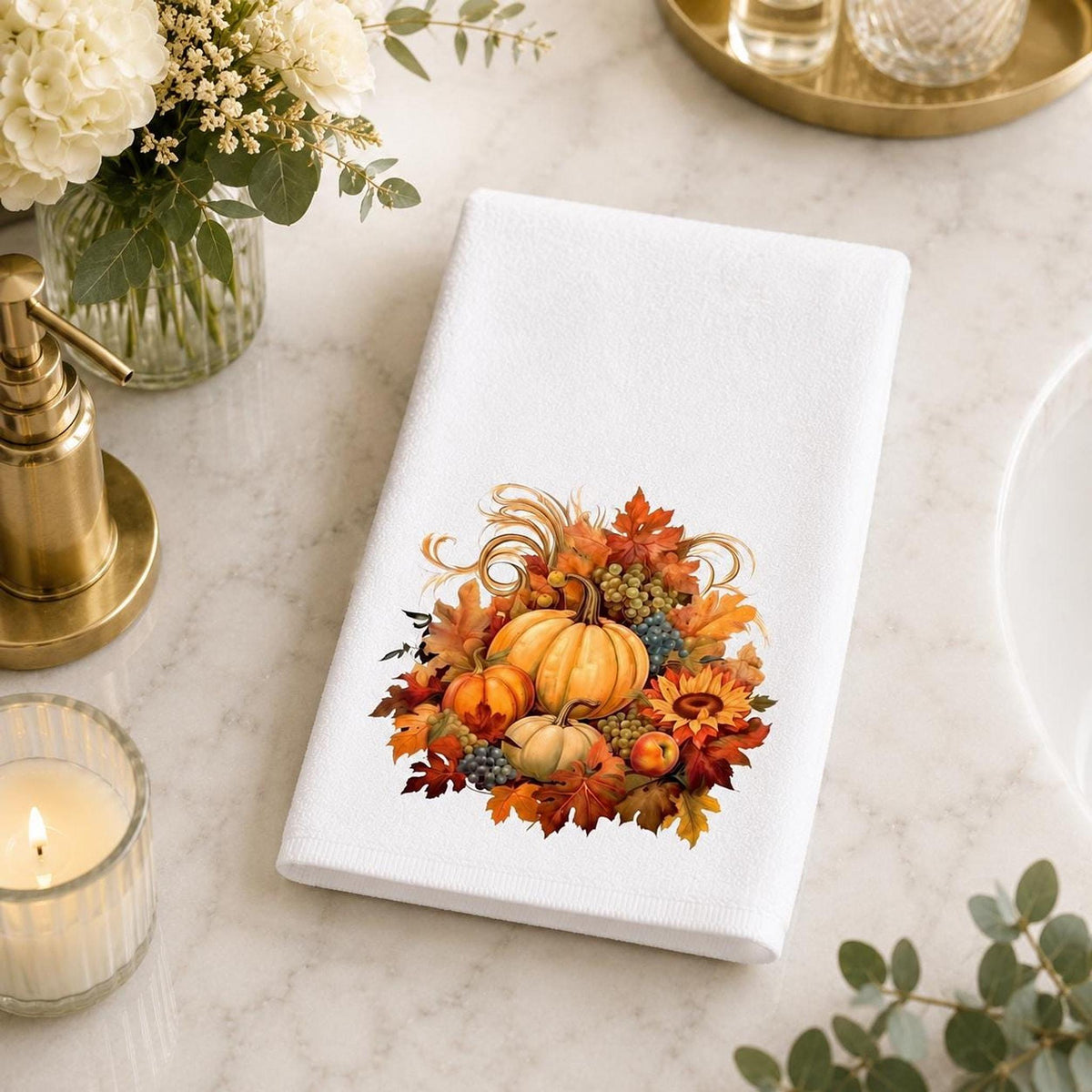 Fall Hand Towel with Pumpkin Design, Autumn Bathroom Decor in Cotton Terry