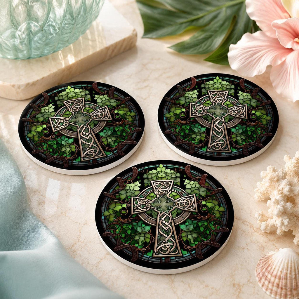 Celtic Coaster, Green Ceramic Drink Mat with Glossy or Matte Finish