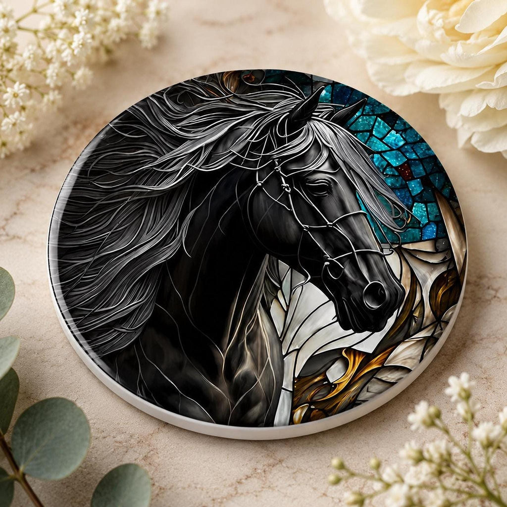 Horse Coaster, Black Ceramic with Art Glass Style Design