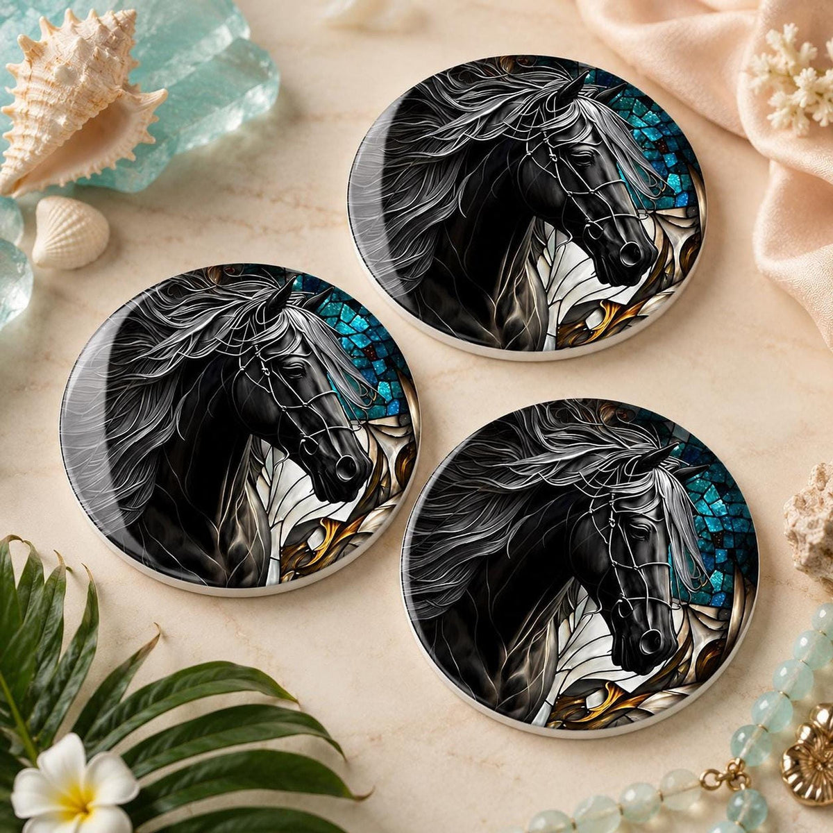 Horse Coaster, Black Ceramic with Art Glass Style Design
