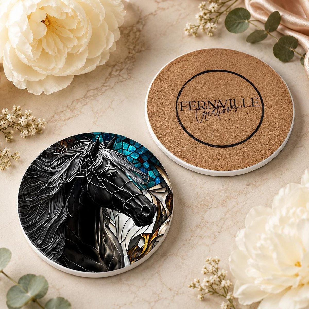 Horse Coaster, Black Ceramic with Art Glass Style Design