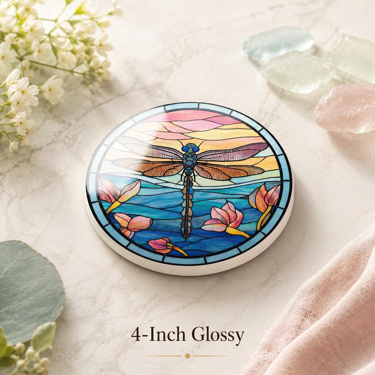 Dragonfly Coaster, Floral Drink Mat with Water Lily Design