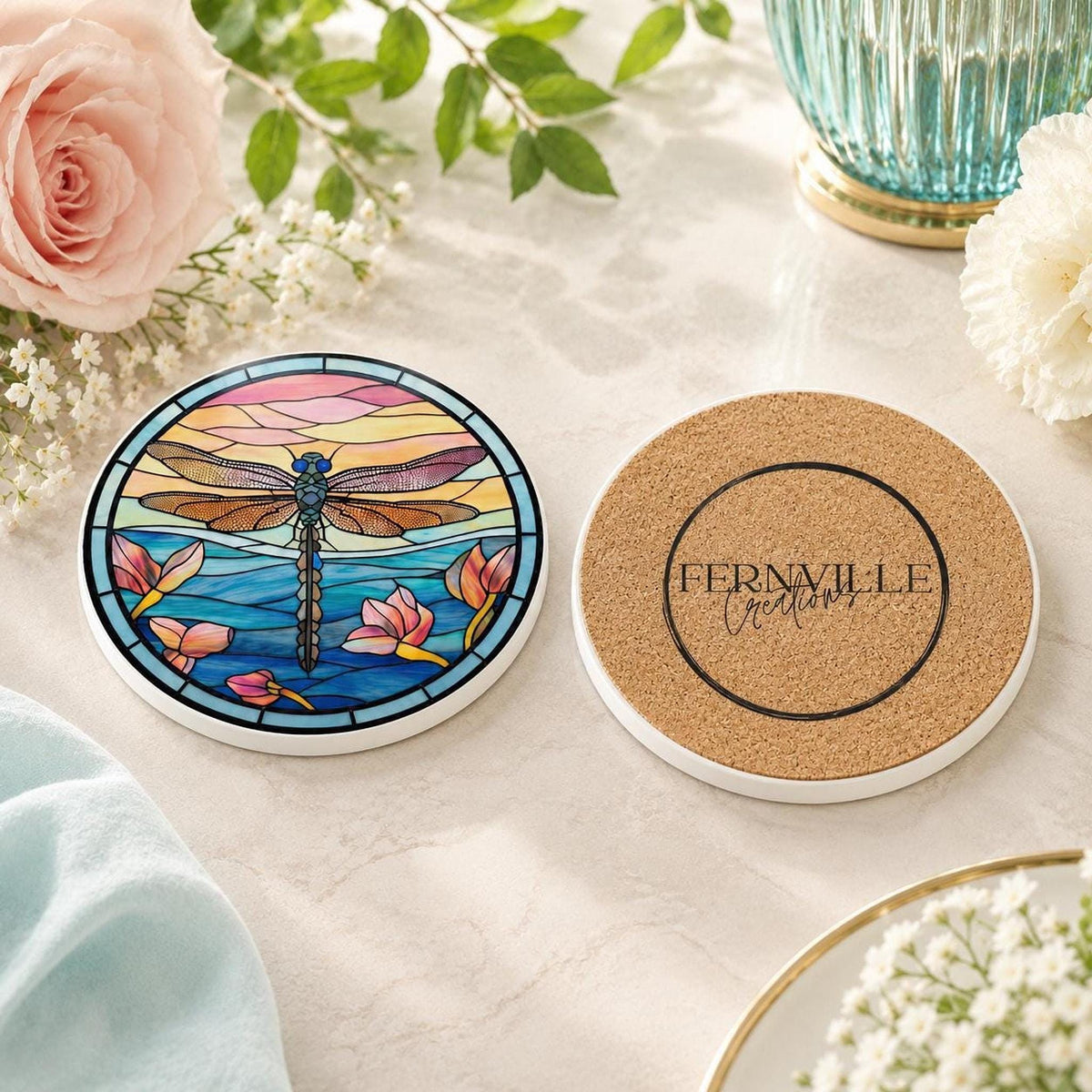 Dragonfly Coaster, Floral Drink Mat with Water Lily Design