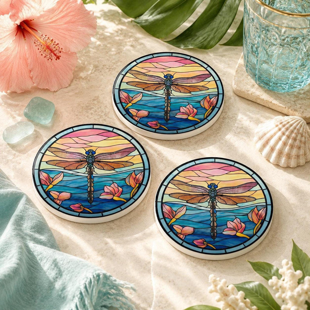 Dragonfly Coaster, Floral Drink Mat with Water Lily Design