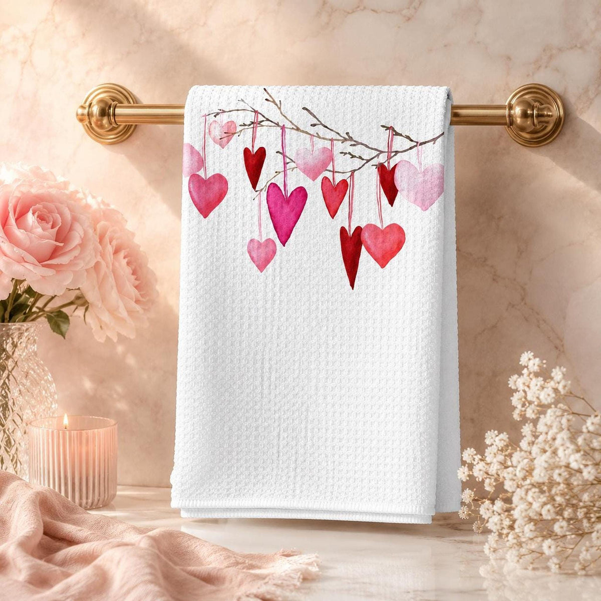 Valentine Towel with Watercolor Heart Design in Soft Microfiber
