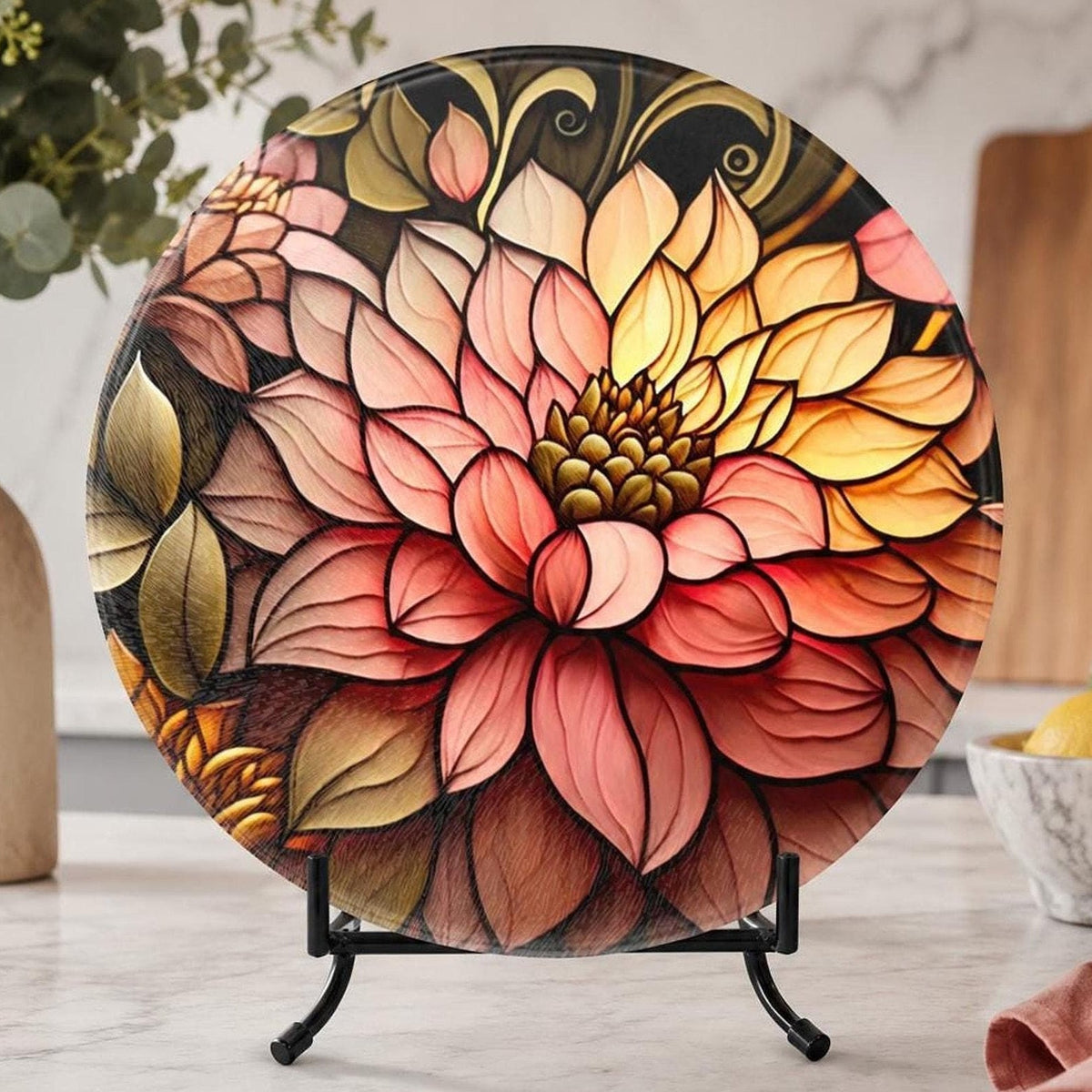 Floral Cutting Board, Round Tempered Glass Serving Tray with Blossom Design