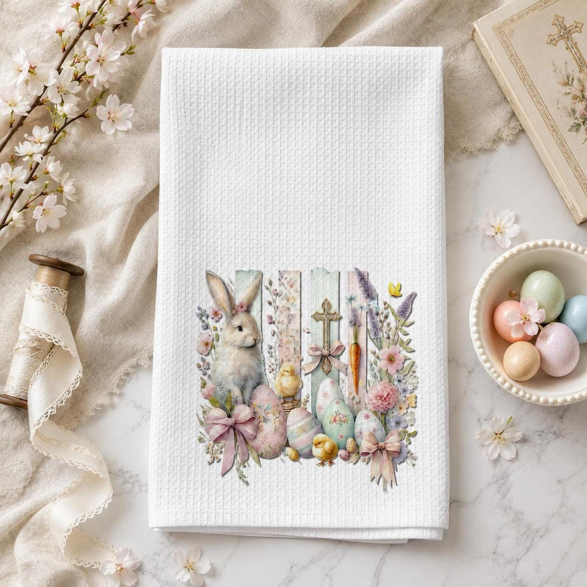 Easter Waffle Towel with Bunny Design, Pastel Egg Spring Decor