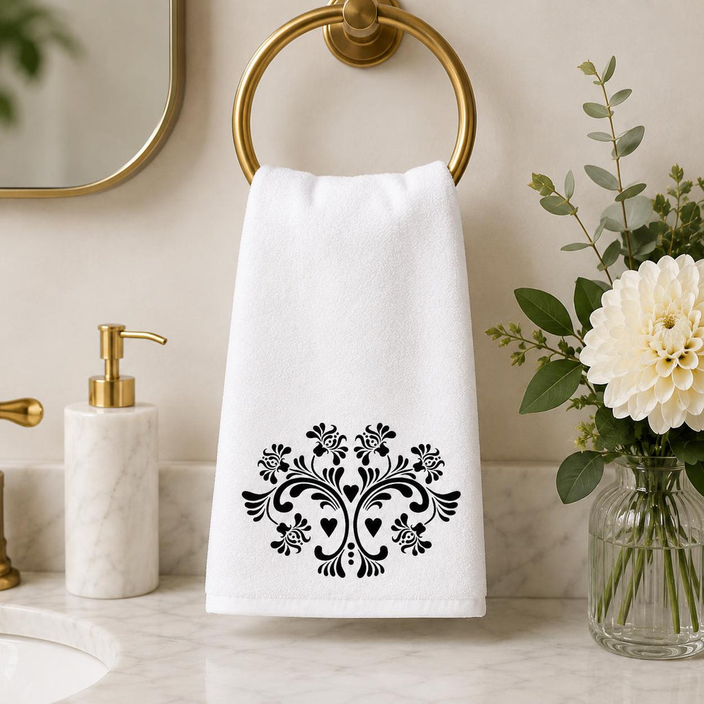 Elegant Damask Hand Towel, Black and White Bathroom Decor with Chic Design