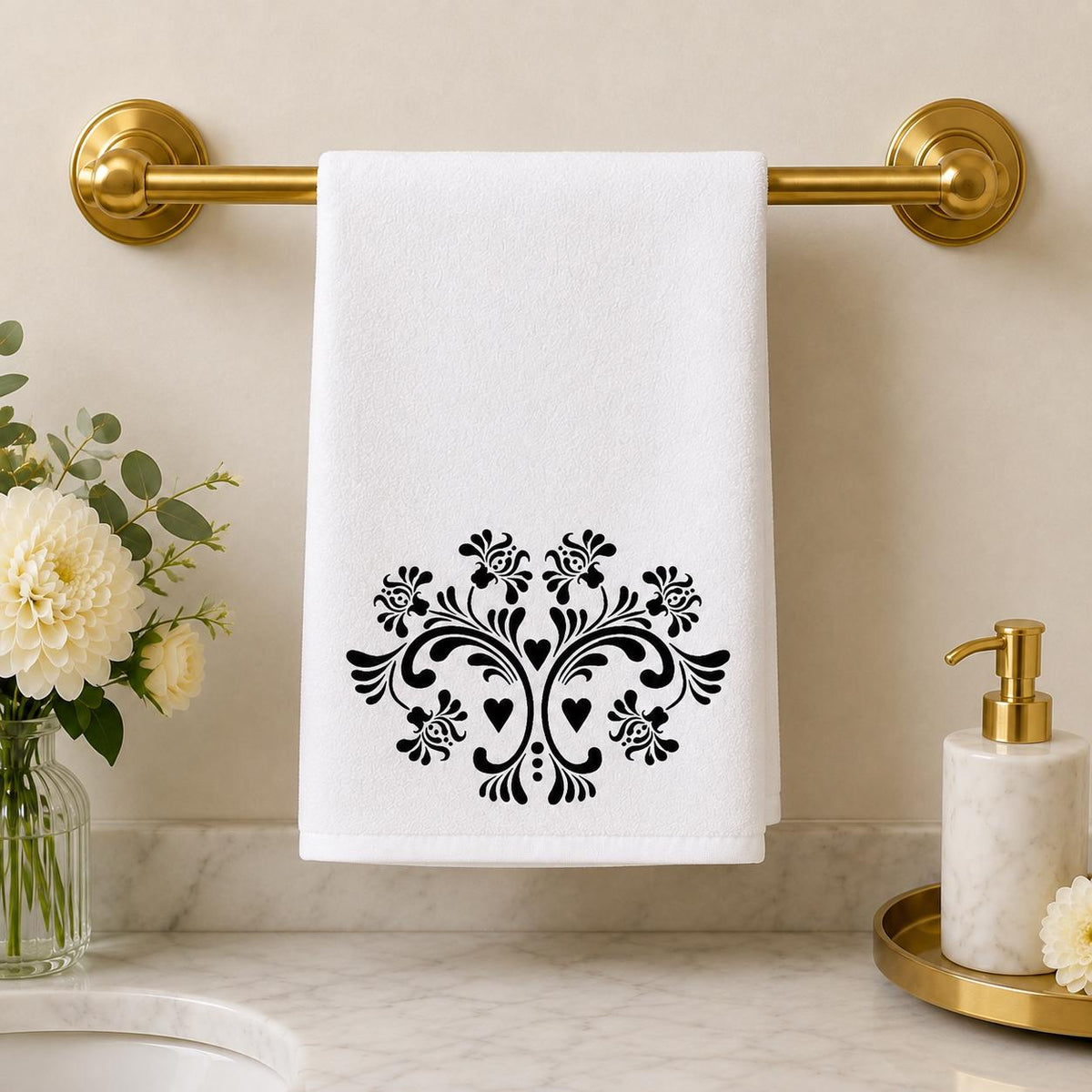 Elegant Damask Hand Towel, Black and White Bathroom Decor with Chic Design