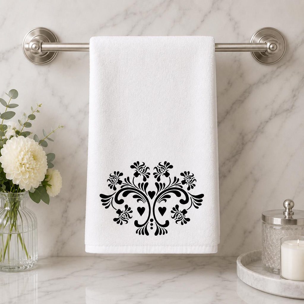 Elegant Damask Hand Towel, Black and White Bathroom Decor with Chic Design