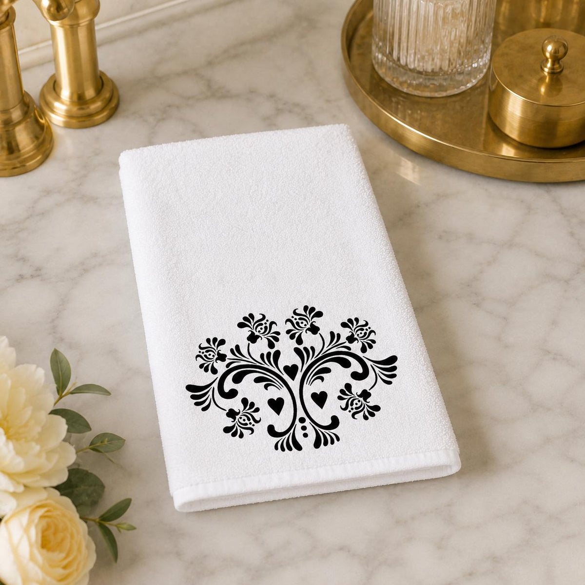 Elegant Damask Hand Towel, Black and White Bathroom Decor with Chic Design