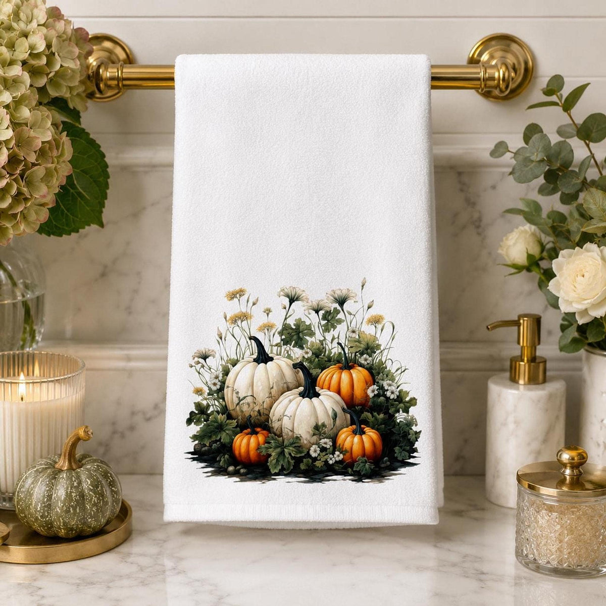 White Pumpkin Towel, Elegant Fall Decor for Autumn Harvest