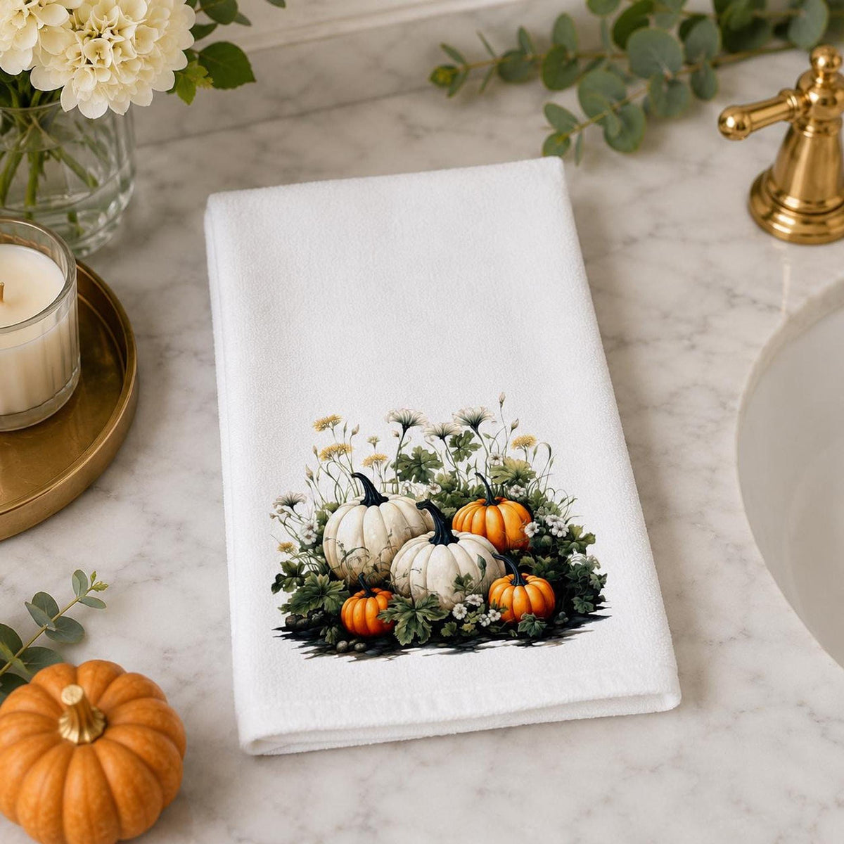 White Pumpkin Towel, Elegant Fall Decor for Autumn Harvest