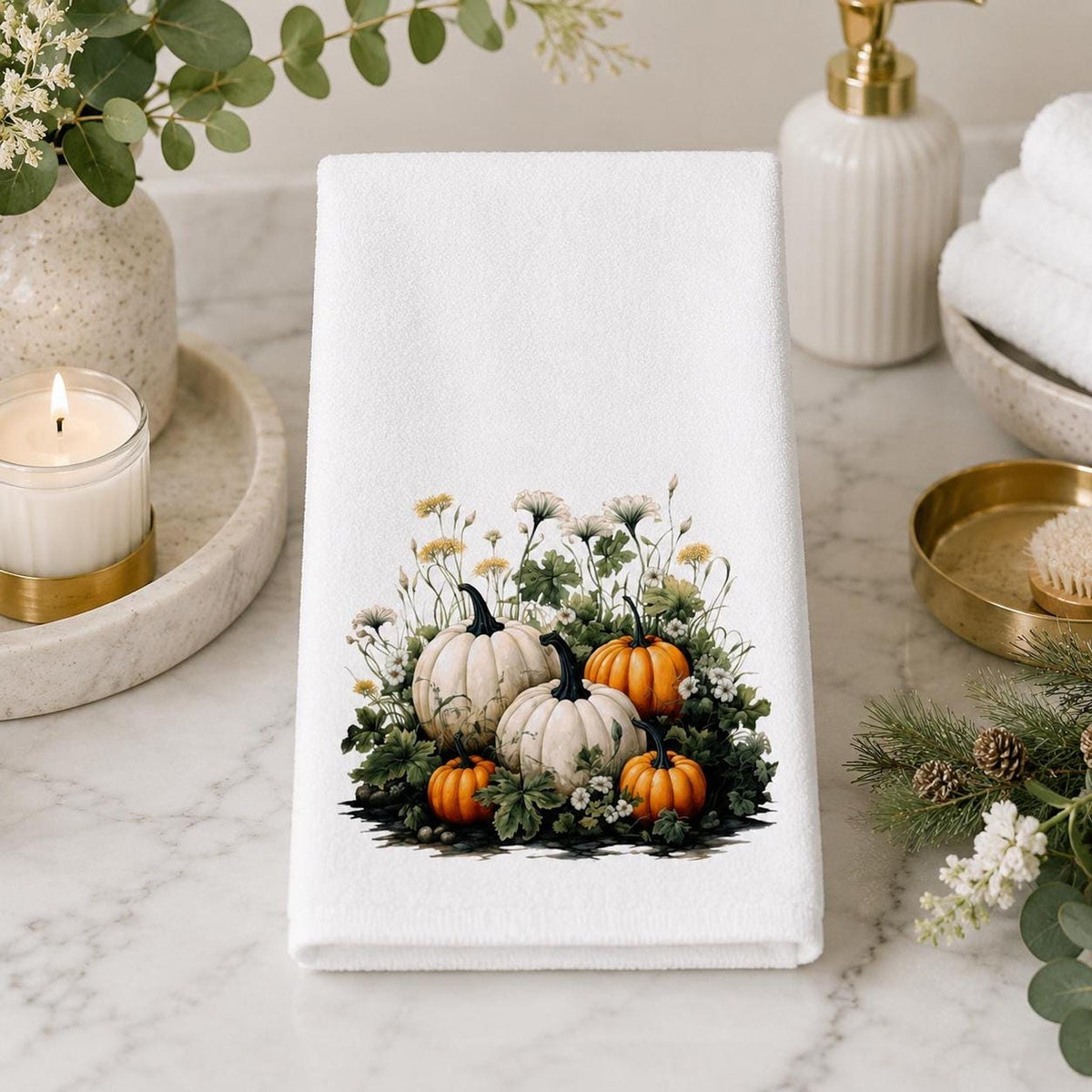 White Pumpkin Towel, Elegant Fall Decor for Autumn Harvest
