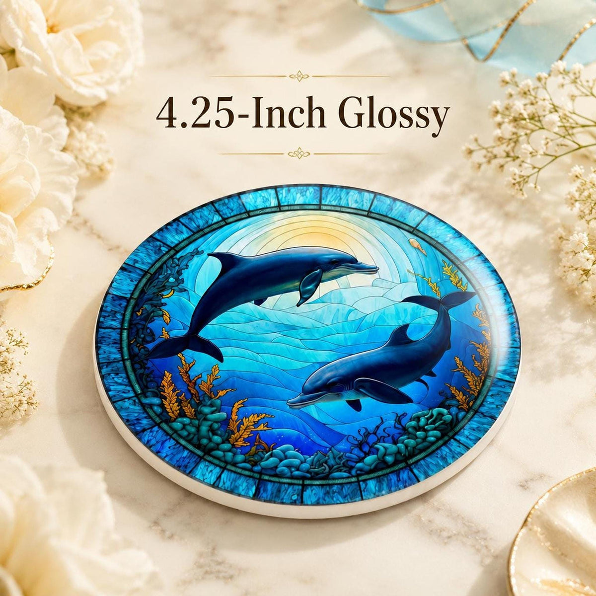 Dolphin Coaster, Colorful Ceramic Drink Holder with Ocean Wildlife Art