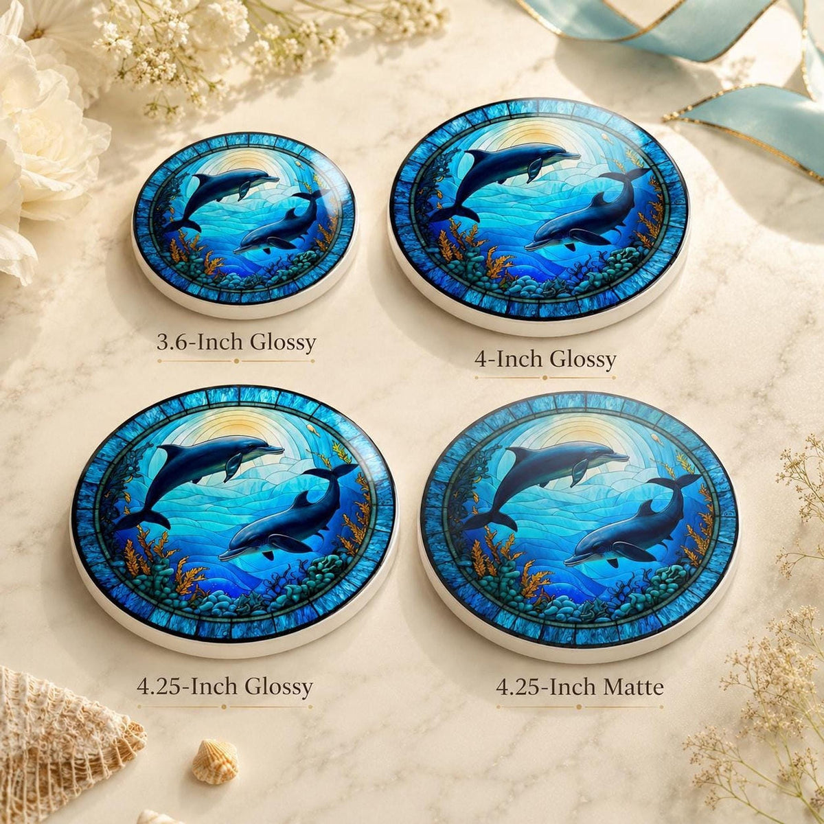 Dolphin Coaster, Colorful Ceramic Drink Holder with Ocean Wildlife Art