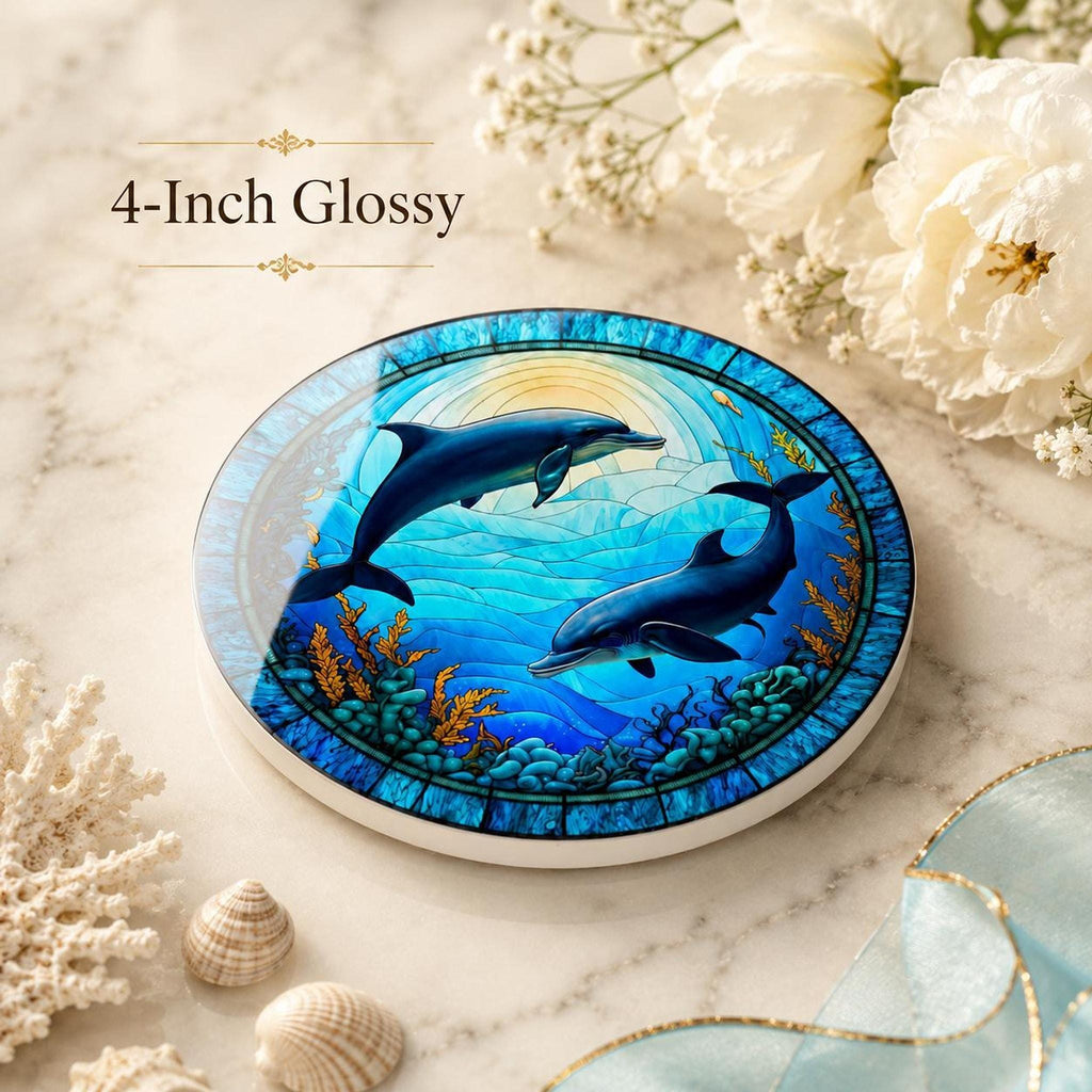 Dolphin Coaster, Colorful Ceramic Drink Holder with Ocean Wildlife Art