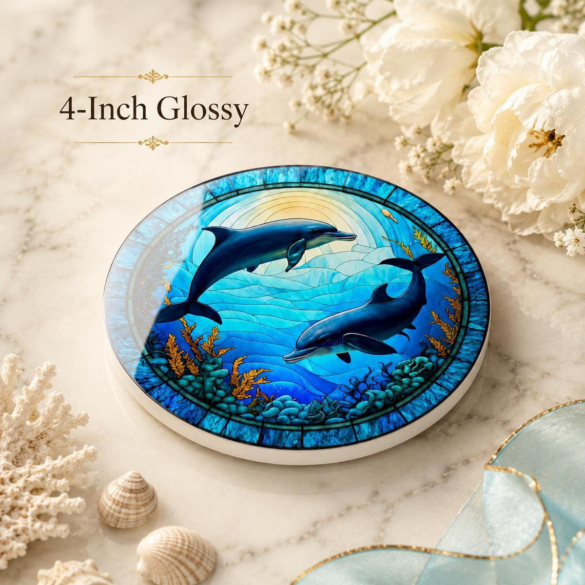 Dolphin Coaster, Colorful Ceramic Drink Holder with Ocean Wildlife Art