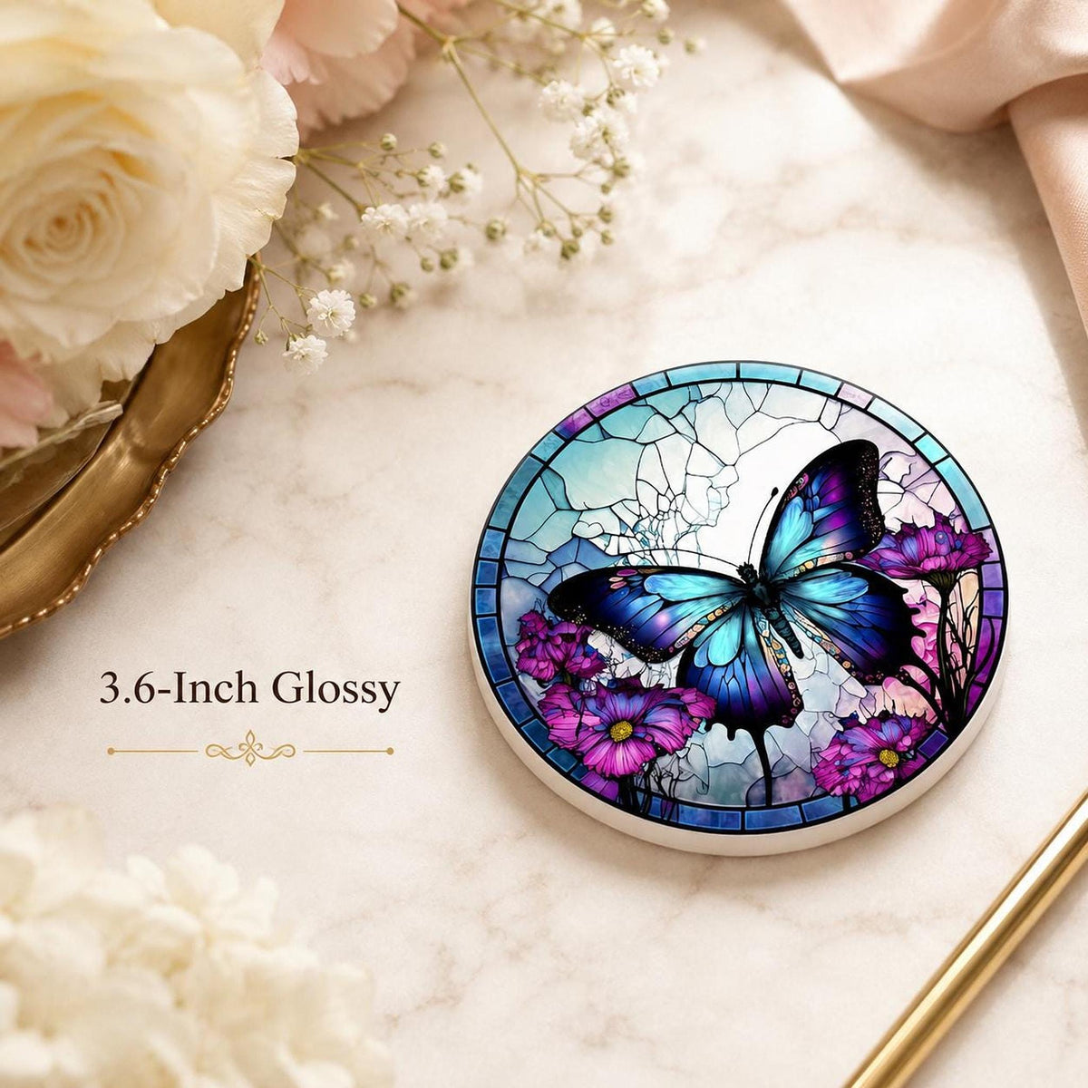 Blue Butterfly Coaster, Colorful Floral Design with Cork Backing