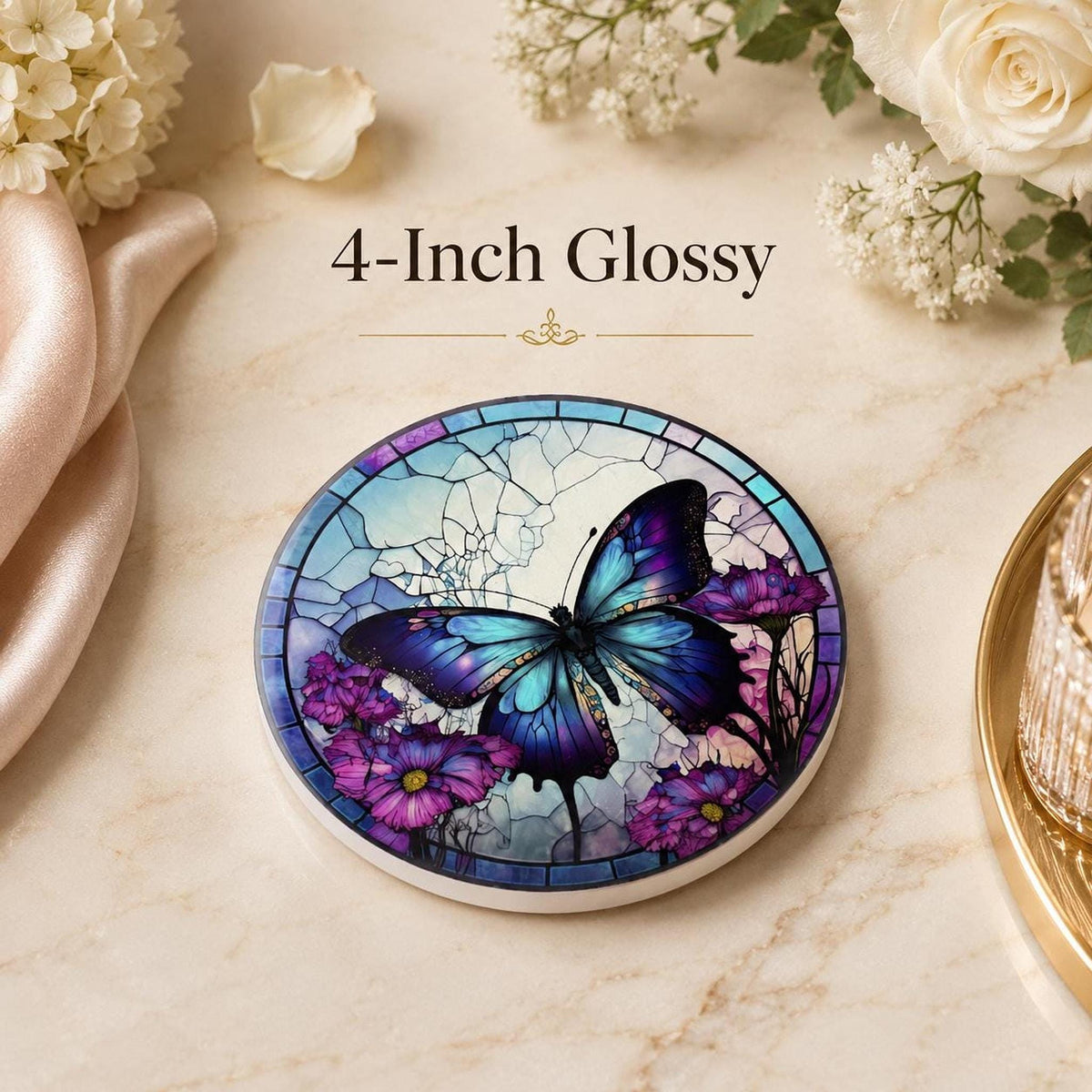 Blue Butterfly Coaster, Colorful Floral Design with Cork Backing