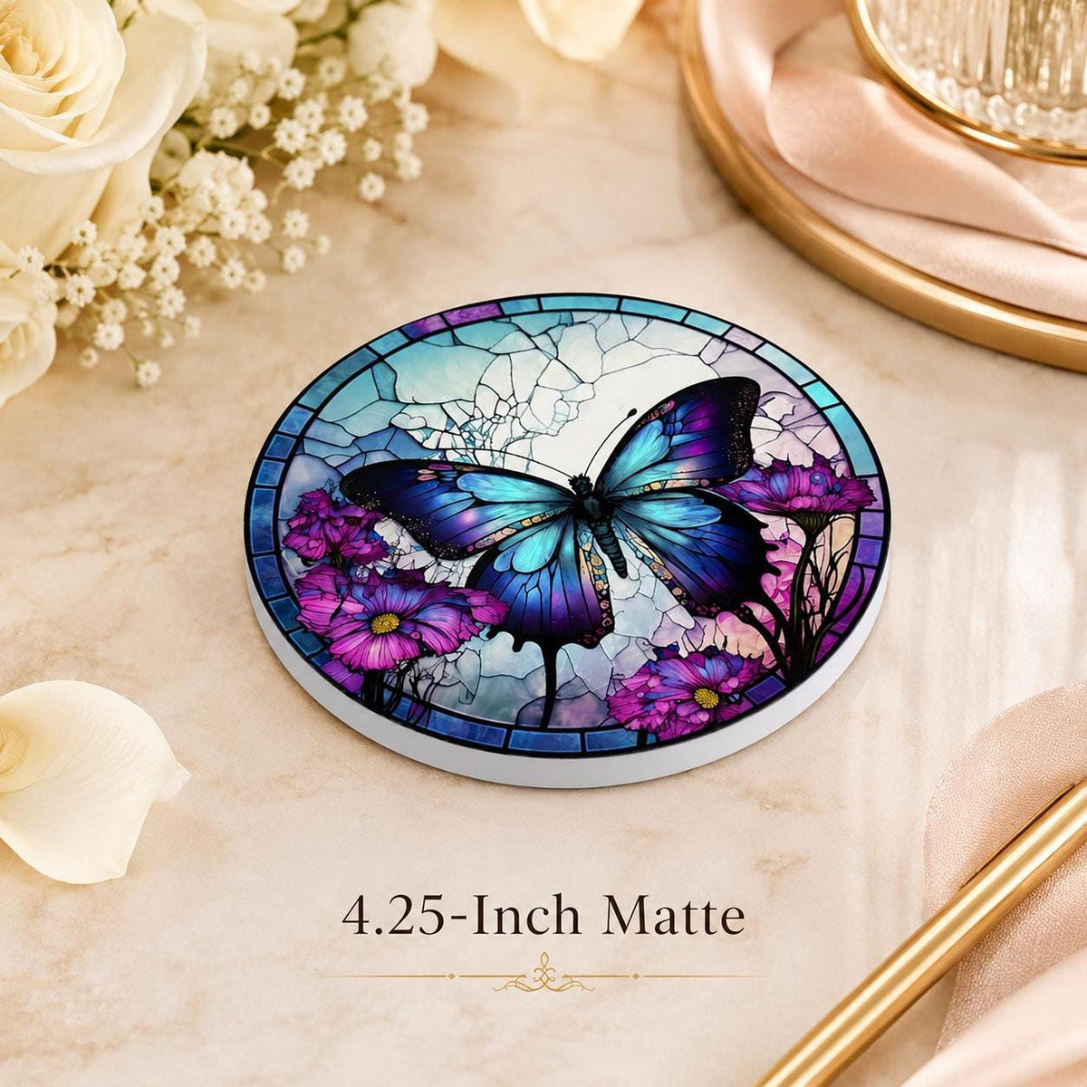 Blue Butterfly Coaster, Colorful Floral Design with Cork Backing