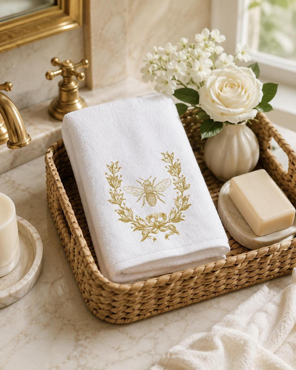 Gold Bee Towel, Elegant Bee and Floral Design for Bath Decor