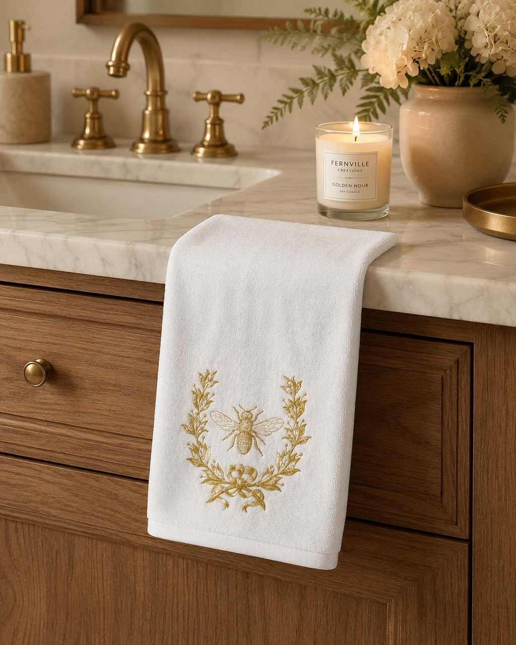 Gold Bee Towel, Elegant Bee and Floral Design for Bath Decor