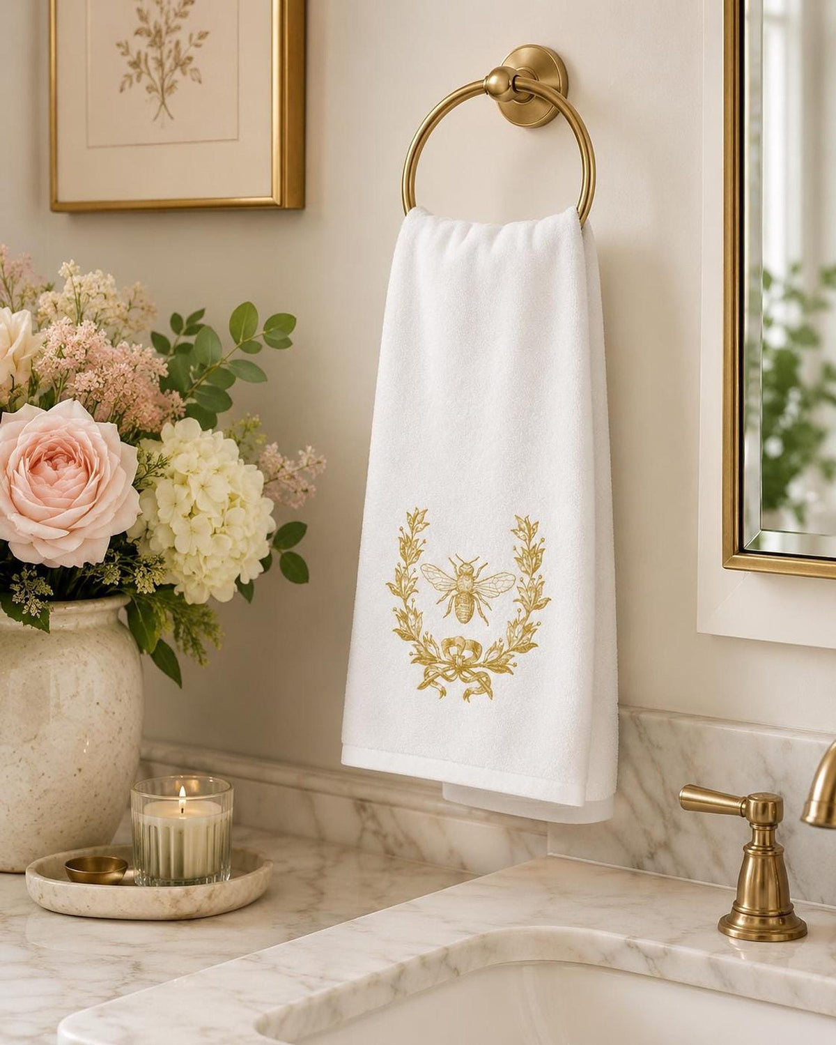 Gold Bee Towel, Elegant Bee and Floral Design for Bath Decor