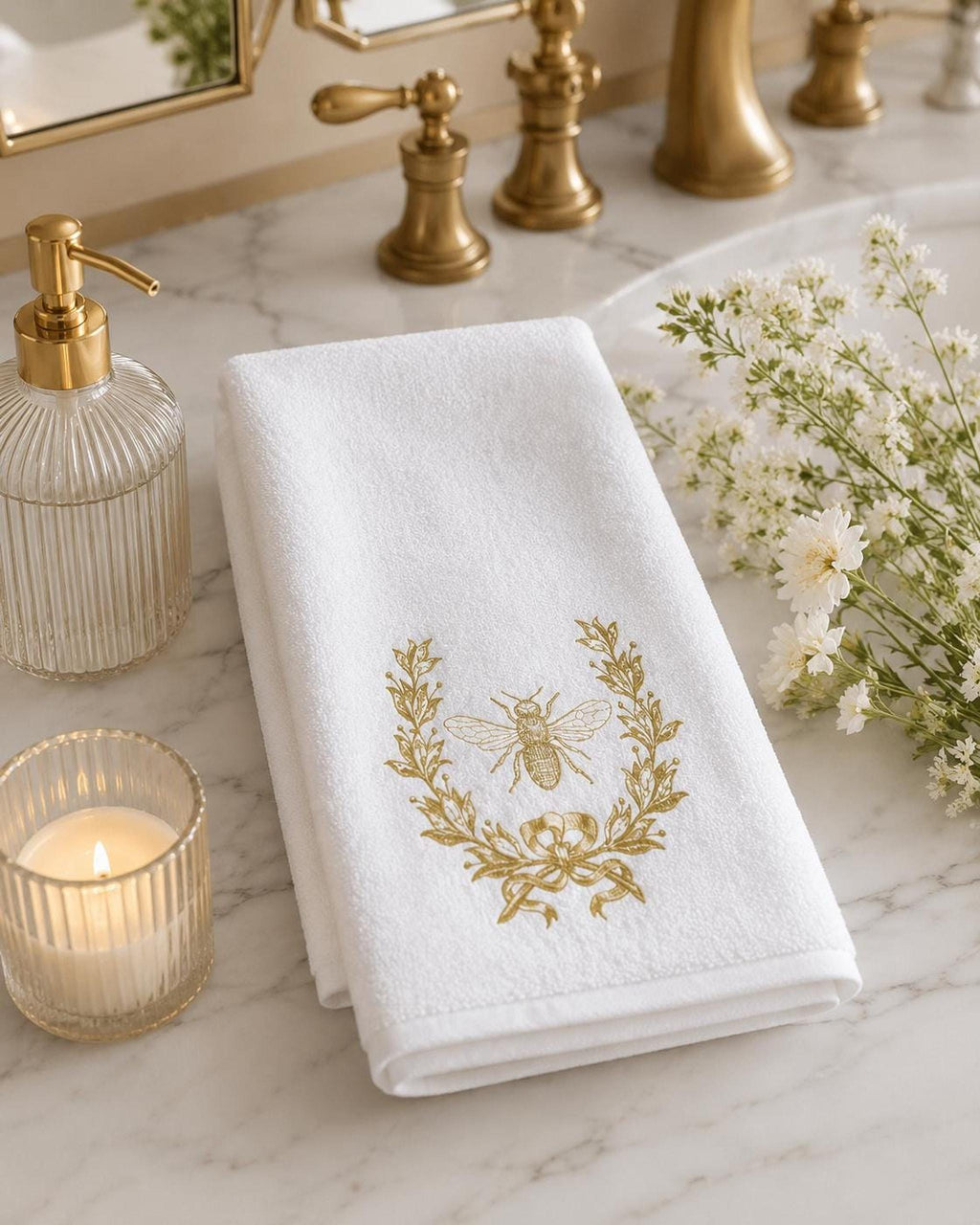Gold Bee Towel, Elegant Bee and Floral Design for Bath Decor