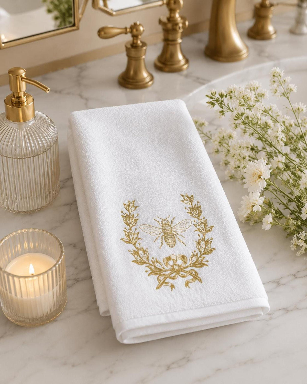 Gold Bee Towel, Elegant Bee and Floral Design for Bath Decor