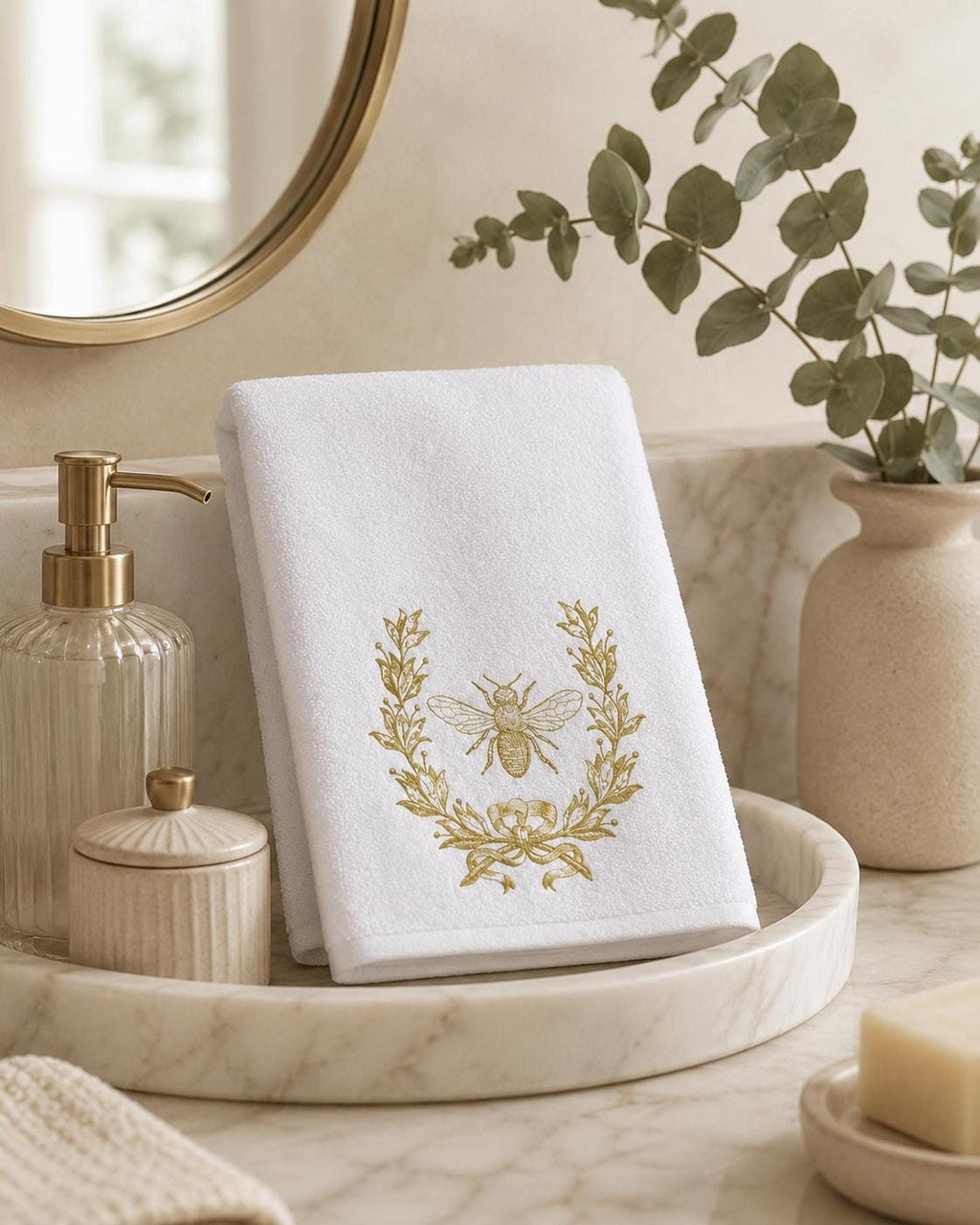Gold Bee Towel, Elegant Bee and Floral Design for Bath Decor