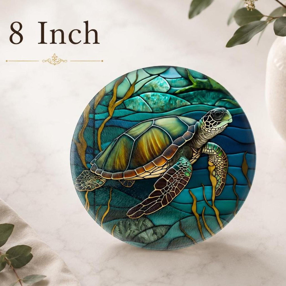 Turtle Cutting Board, Round Tempered Glass Charcuterie Tray with Ocean Design