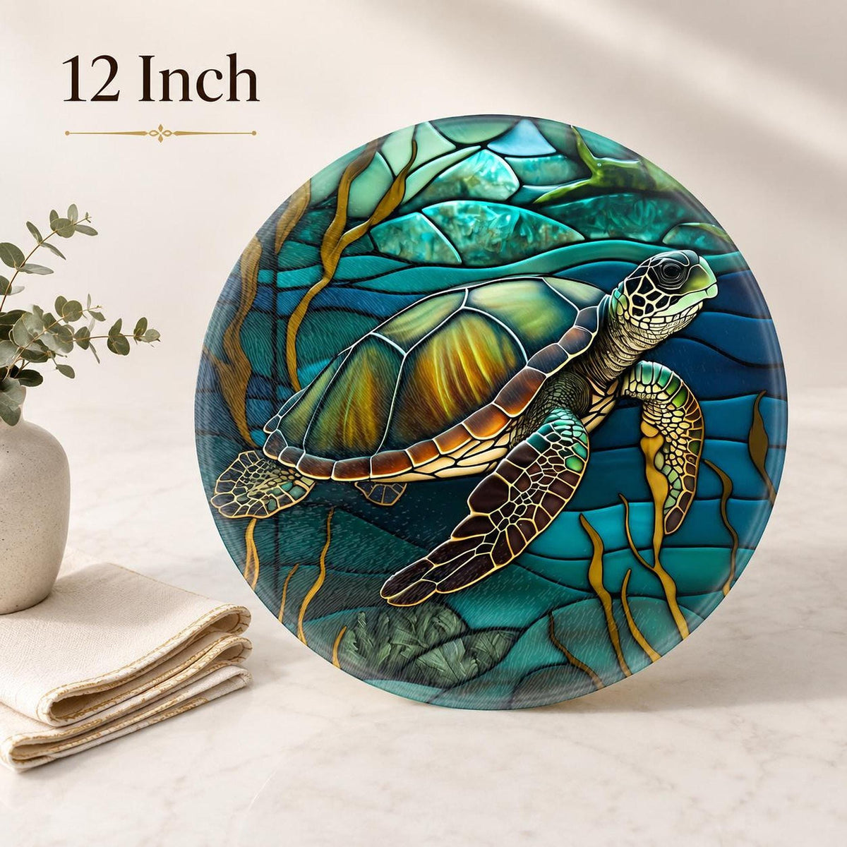 Turtle Cutting Board, Round Tempered Glass Charcuterie Tray with Ocean Design