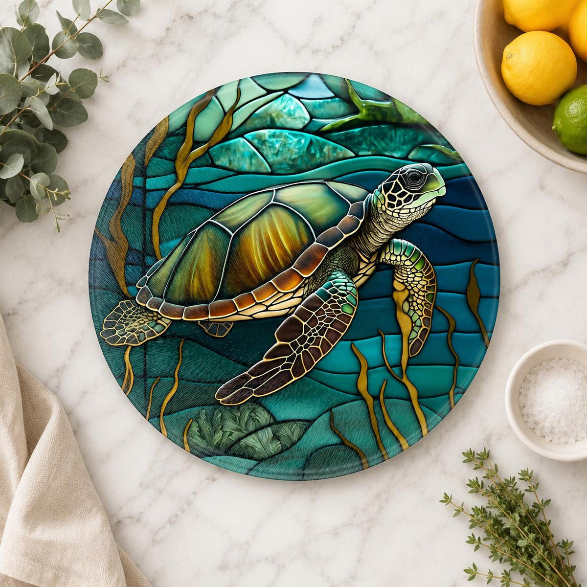 Turtle Cutting Board, Round Tempered Glass Charcuterie Tray with Ocean Design