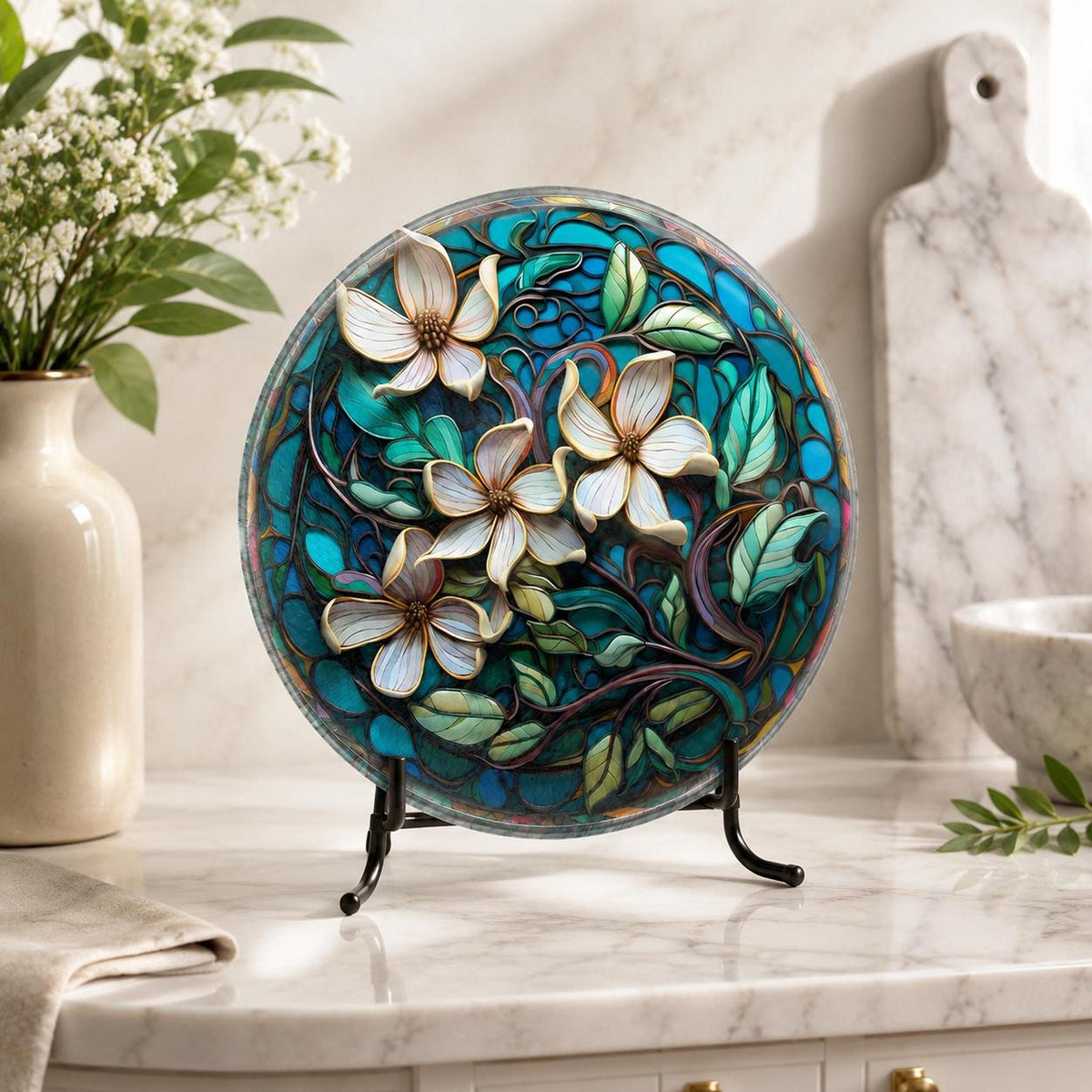Floral Glass Cutting Board, Round Tempered Charcuterie Tray