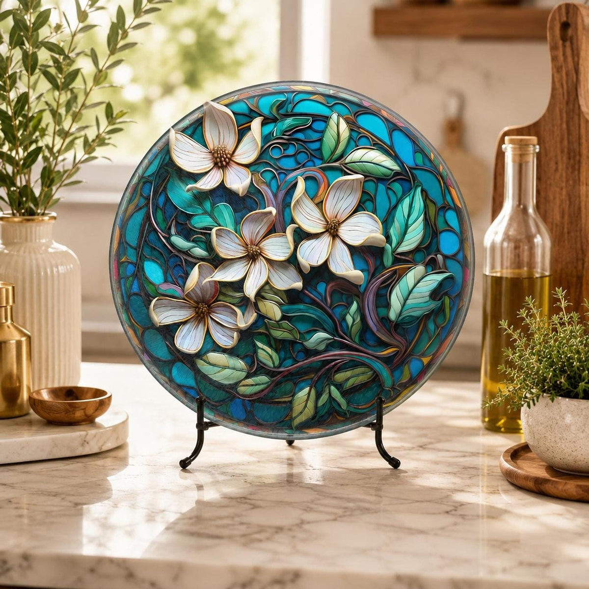 Floral Glass Cutting Board, Round Tempered Charcuterie Tray