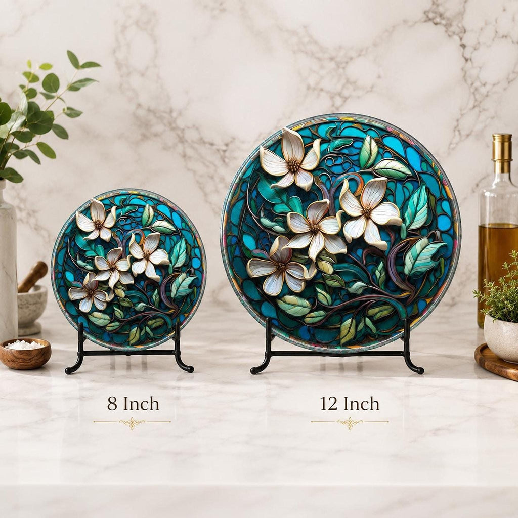 Floral Glass Cutting Board, Round Tempered Charcuterie Tray