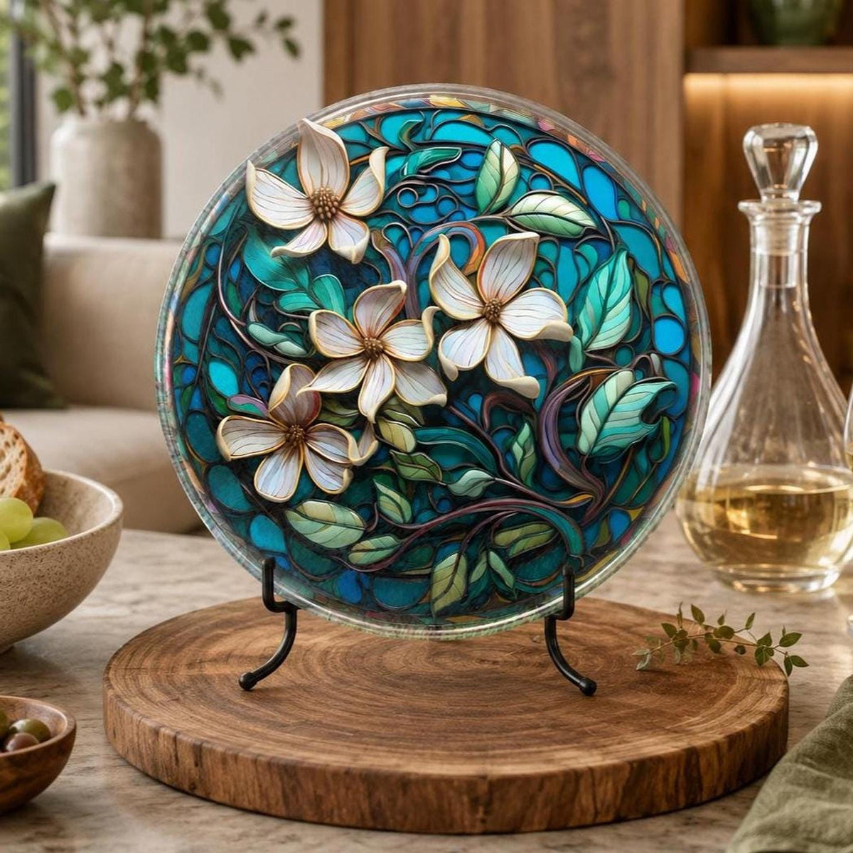 Floral Glass Cutting Board, Round Tempered Charcuterie Tray