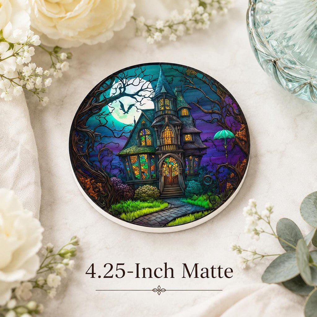 Haunted Coaster with Spooky Victorian Mansion Design, Ceramic Drink Mat