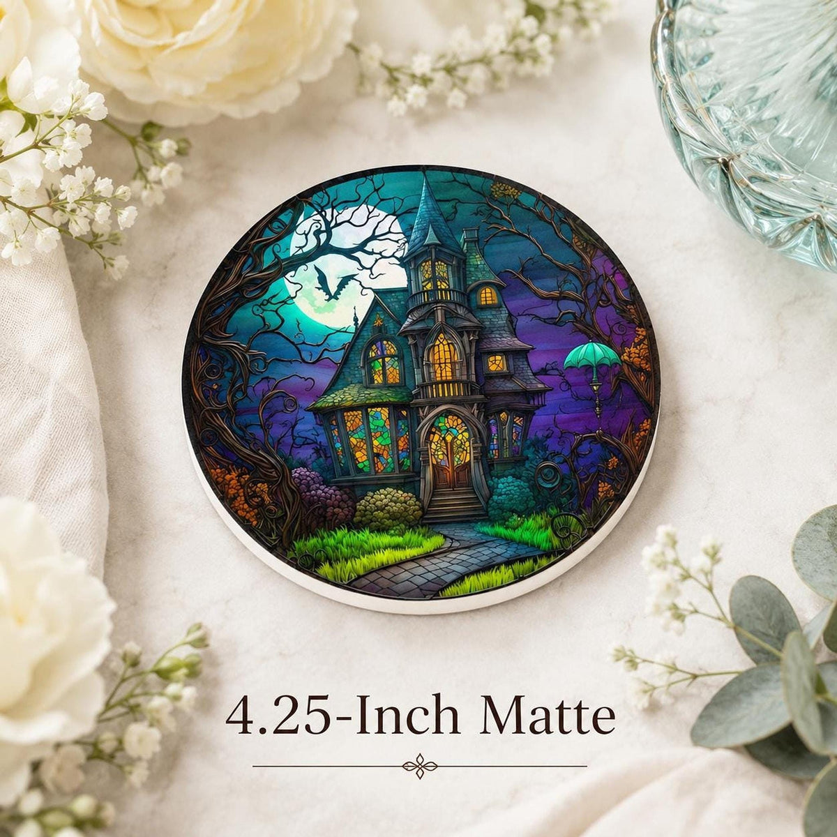 Haunted Coaster with Spooky Victorian Mansion Design, Ceramic Drink Mat