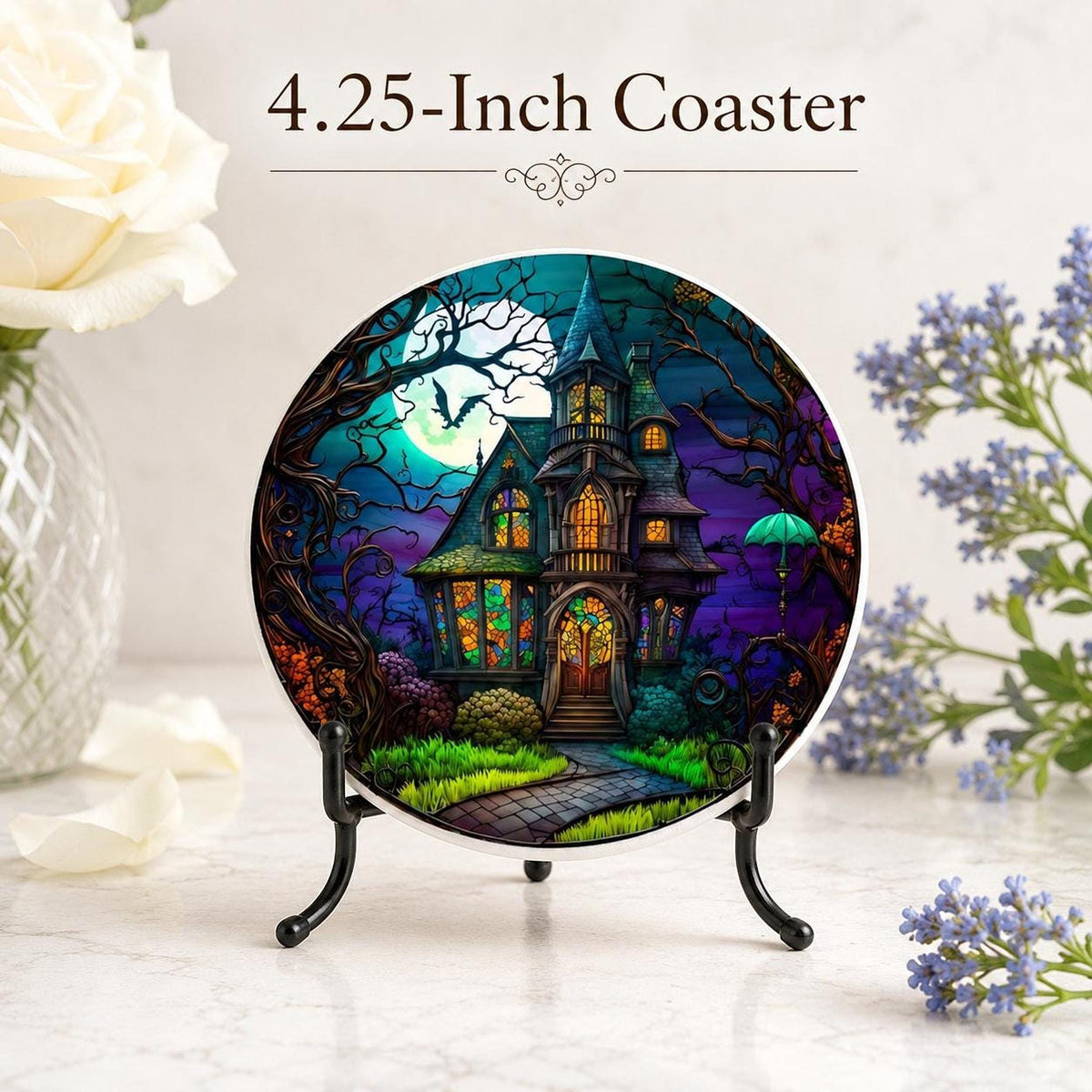 Haunted Coaster with Spooky Victorian Mansion Design, Ceramic Drink Mat