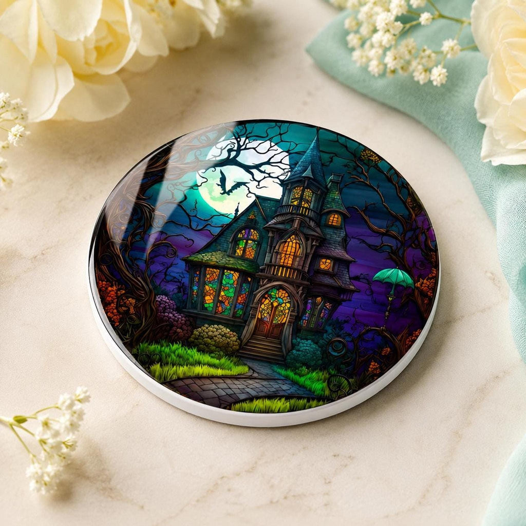 Haunted Coaster with Spooky Victorian Mansion Design, Ceramic Drink Mat