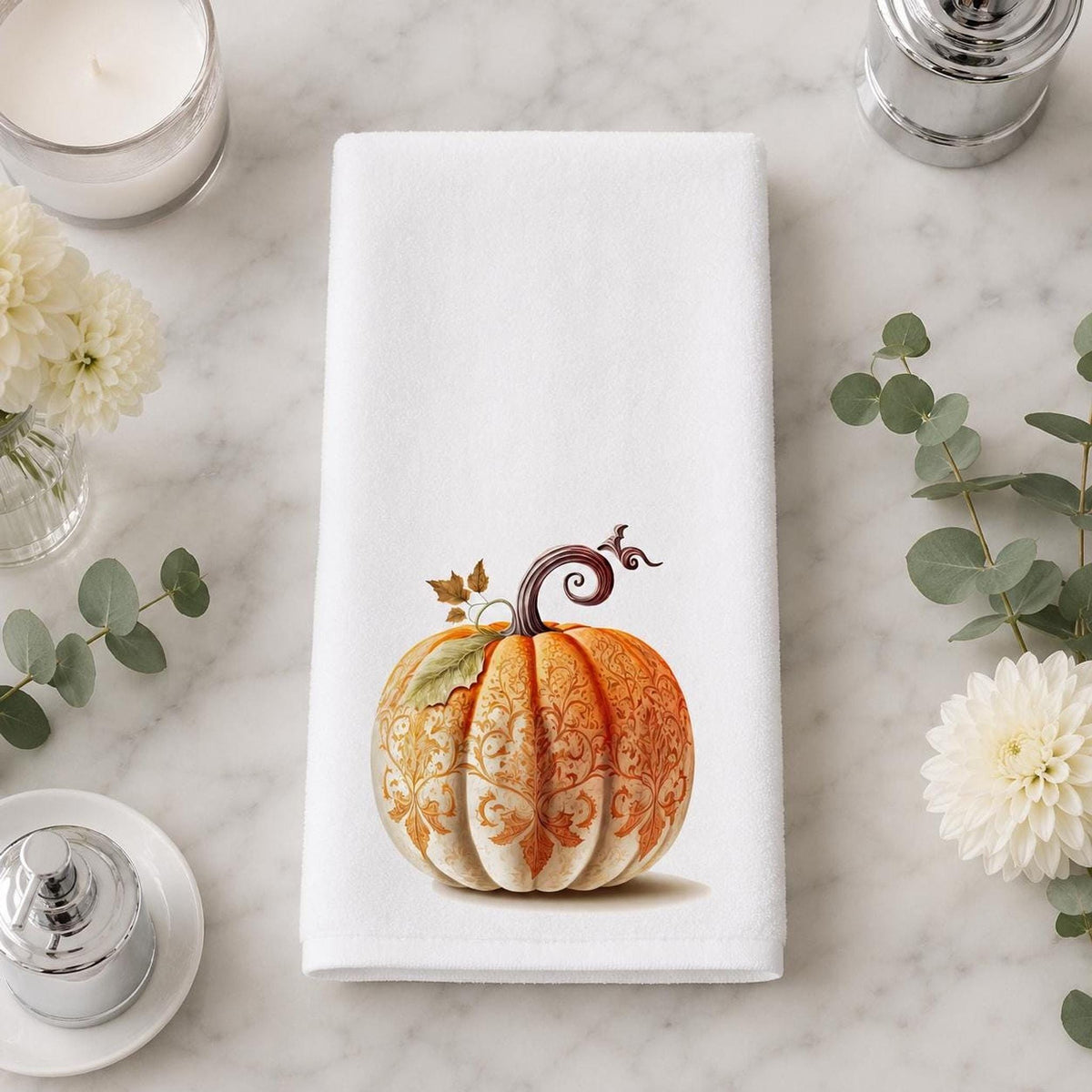 Fall Hand Towel with Ornate Pumpkin Design, Elegant Autumn Decor