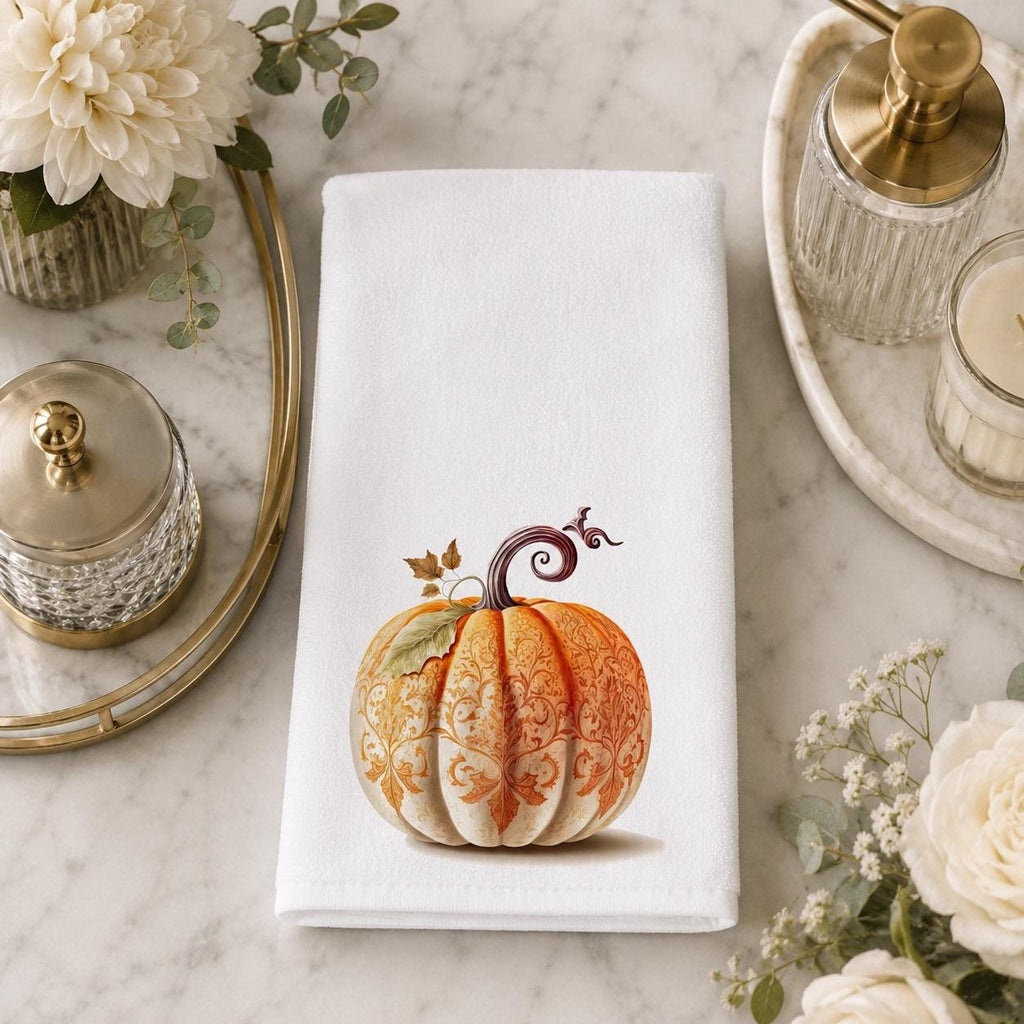 Fall Hand Towel with Ornate Pumpkin Design, Elegant Autumn Decor