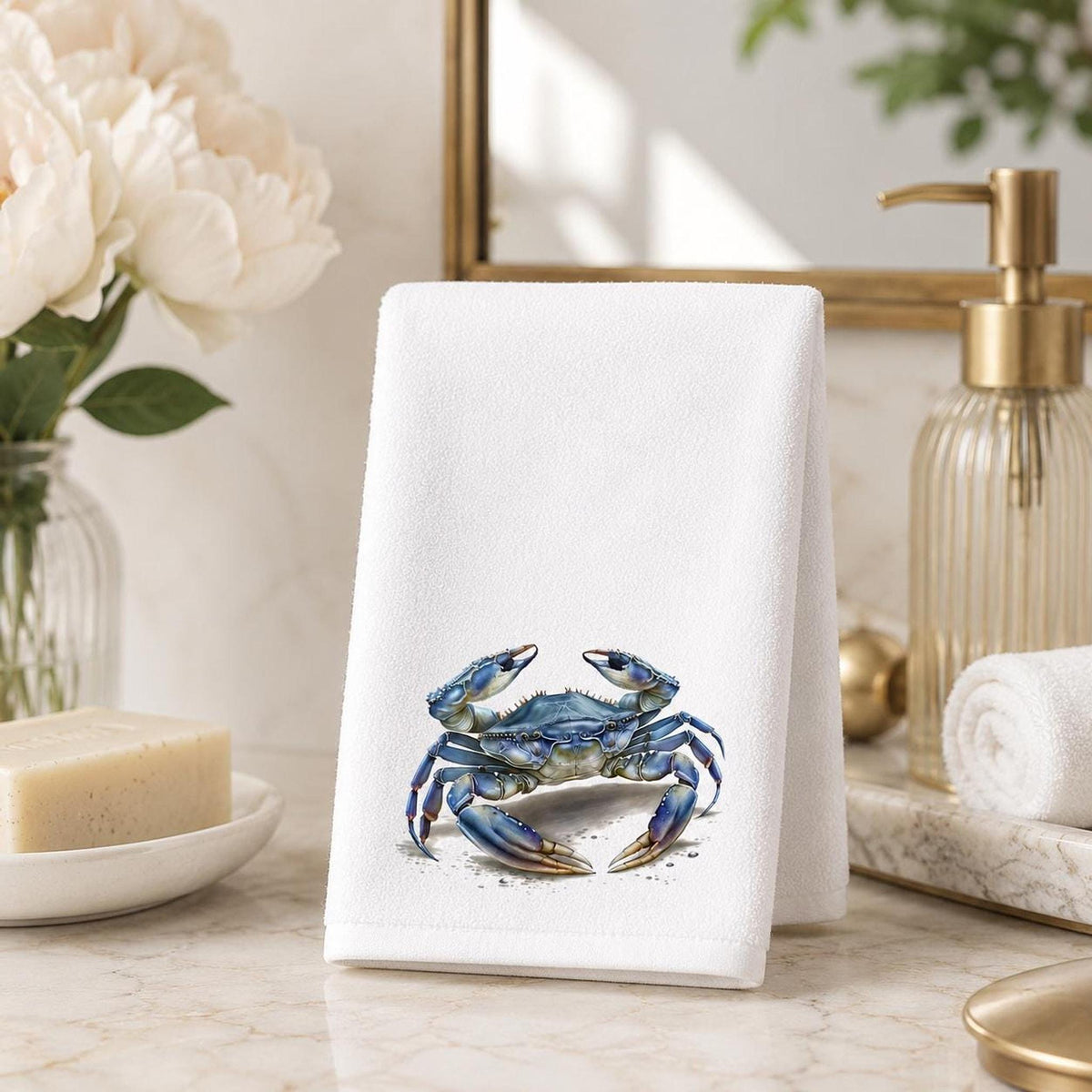 Coastal Hand Towel with Blue Crab Design, Nautical Bathroom Decor